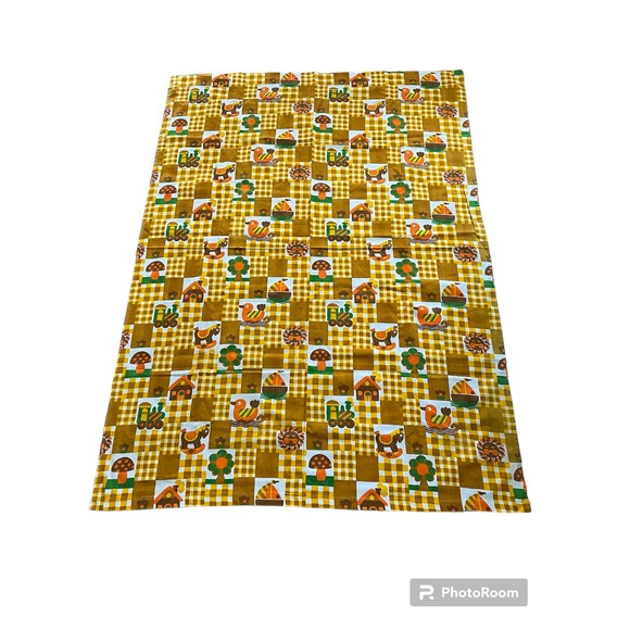 Vintage 1970s Pattern Rights Inc MCM Fabric Curtain Mushroom Sun House Yellow - Picture 1 of 4